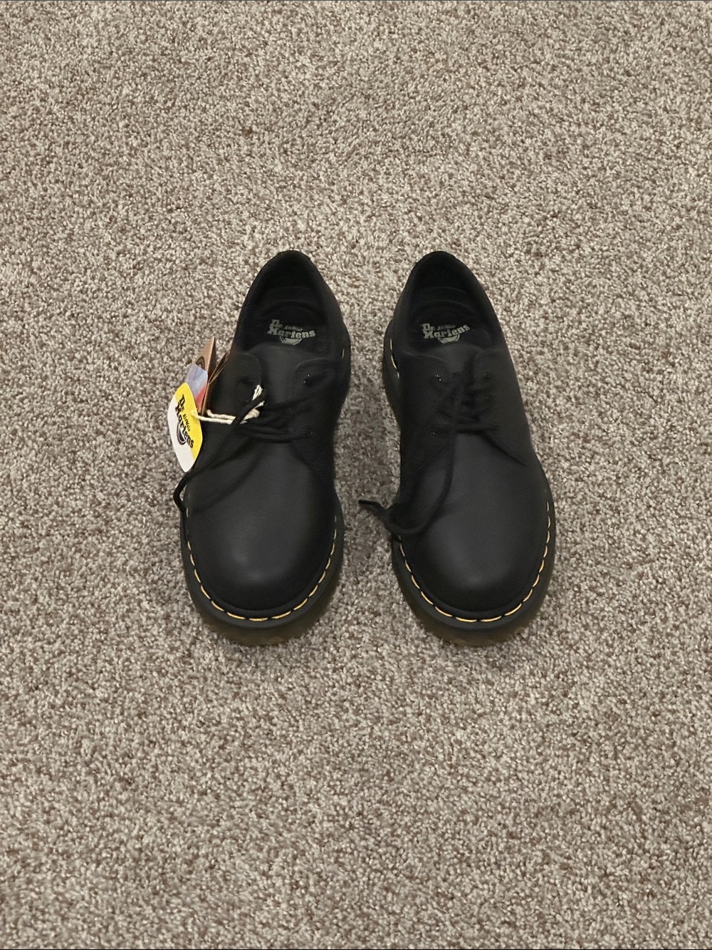 Dr. Martens Black Leather 3-Eye Derby with Yellow Welt Stitching